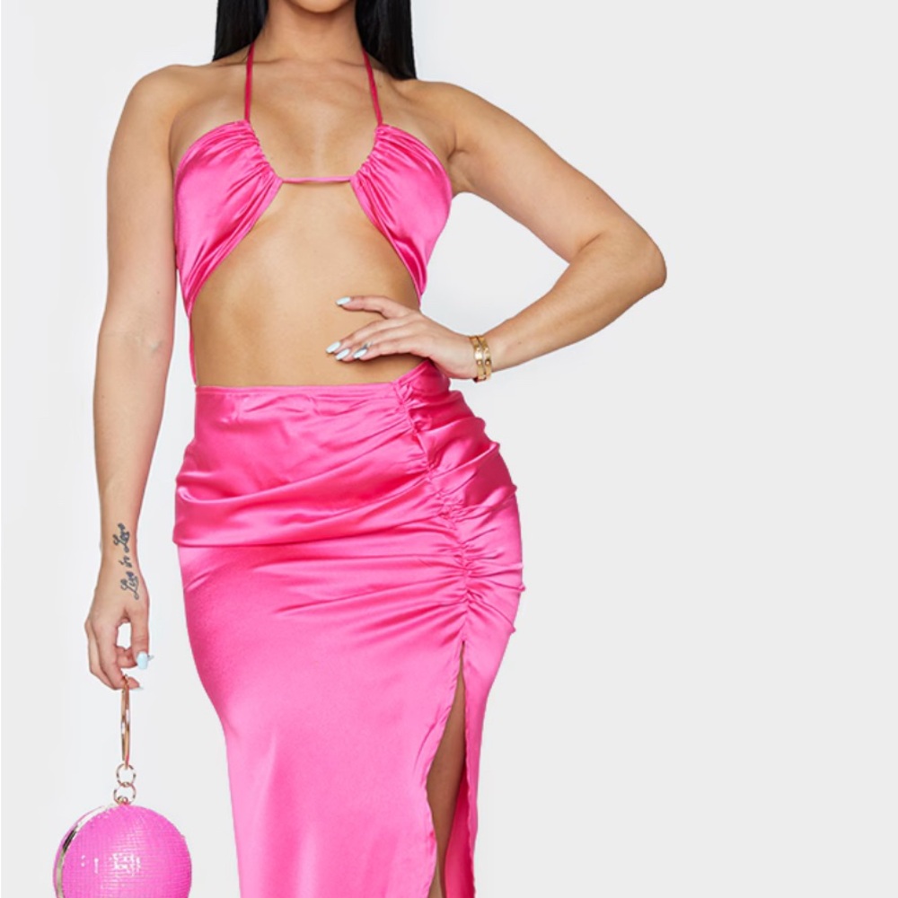 Hot pink cut out, ruched dress.